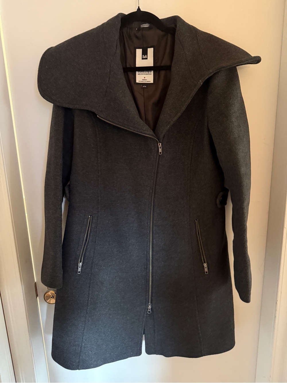 Soia & Kyo S&K Charcoal Wool Coat XL Oversized Collar Asymmetric Zip